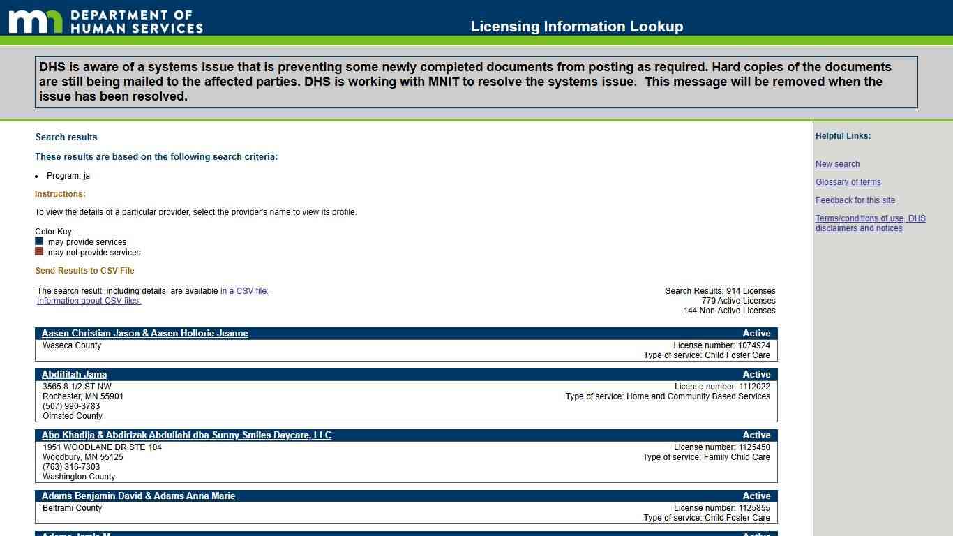 Search results, MN DHS Licensing Info Lookup